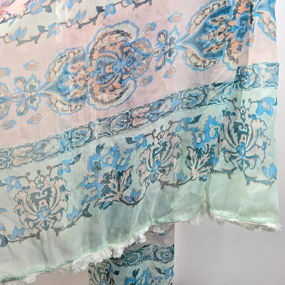 BCBGeneration Blue Pink Floral Tassel Long Wrap Scarf